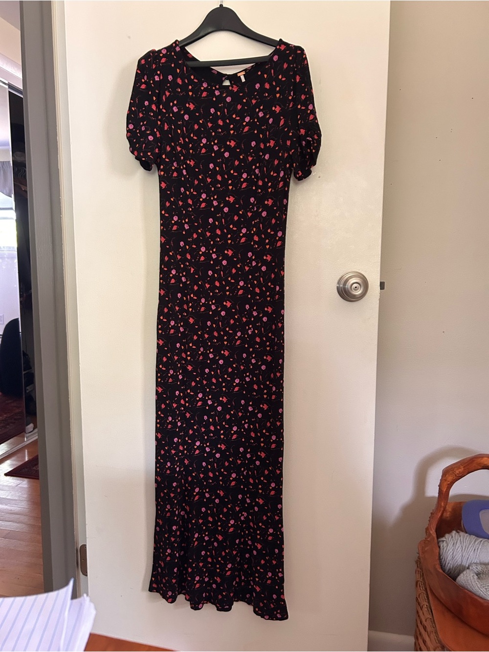 Free People Black Maxi stretchy Dress with Pink and Red Floral Motif